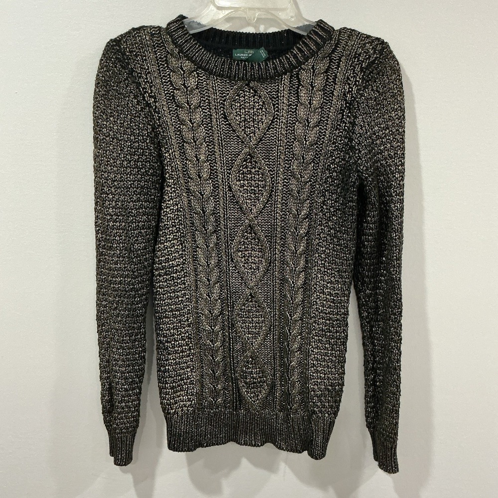Lauren Ralph Lauren Black Gold Metallic Cable Knit Sweater Women's Medium